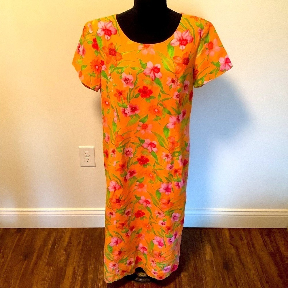 Chadwicks Womens Orange Floral Linen Rayon Blend Short Sleeve Midi Dress 12P